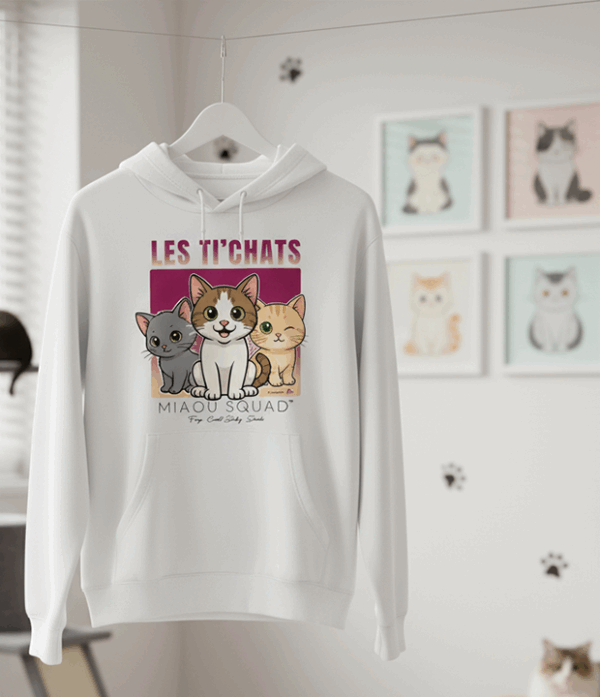 Sweat blanc _Miaou Squad_ – Les Ti’Chats Sweat Capuche "Miaou Squad"